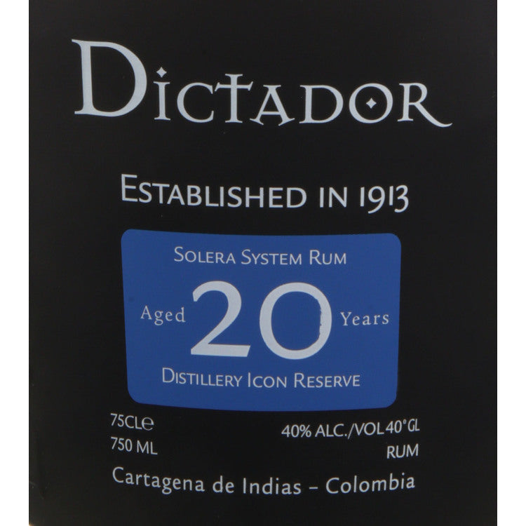Dictador Aged Rum Solera System Destillery Icon Reserve 20 Yr 80 - 750ML - Front Label