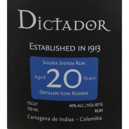 Dictador Aged Rum Solera System Destillery Icon Reserve 20 Yr 80 - 750ML - Front Label