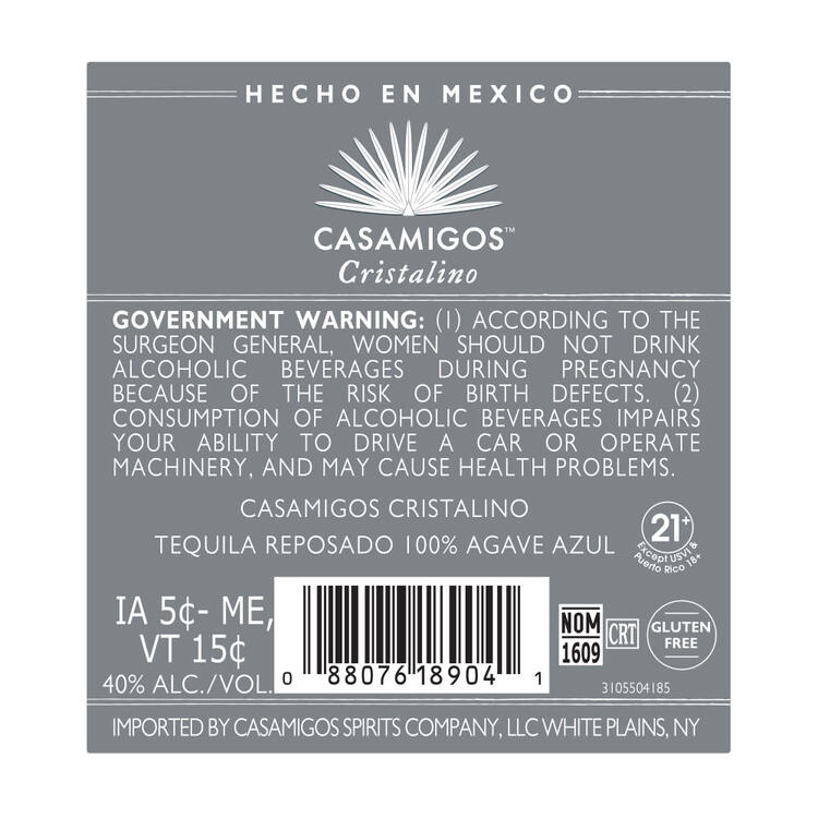 Casamigos Tequila Reposado Cristalino 80 - 750ML - Back Label
