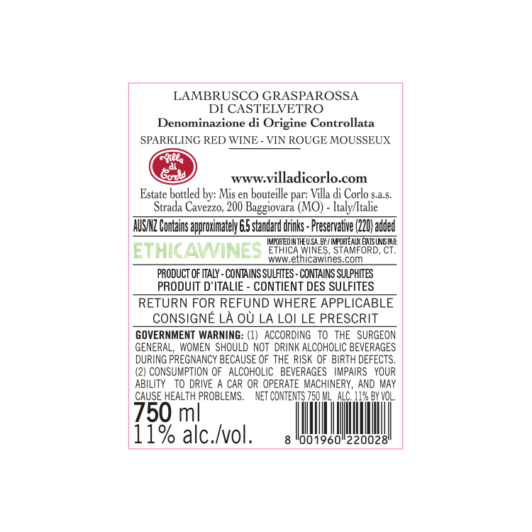 Villa Di Corlo Lambrusco Grasparossa Di Castelvetro Dry - 750ML