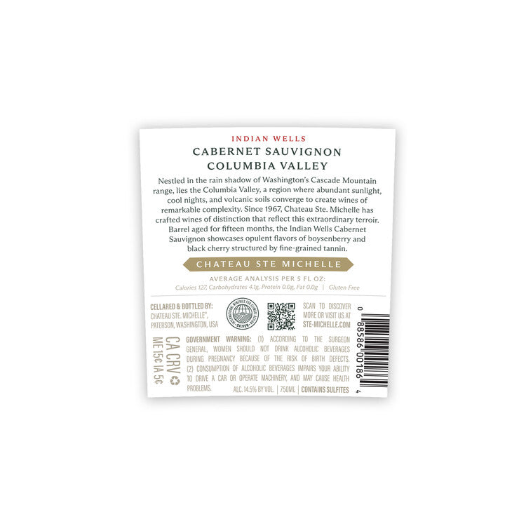 Chateau Ste. Michelle Cabernet Sauvignon Indian Wells Columbia Valley - 750ML - Back Label