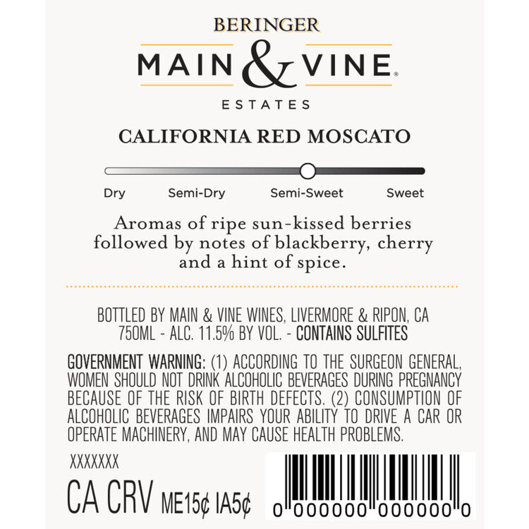 Beringer Main & Vine Red Moscato Chile - 750ML - Back Label