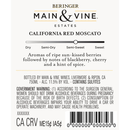Beringer Main & Vine Red Moscato Chile - 750ML - Back Label
