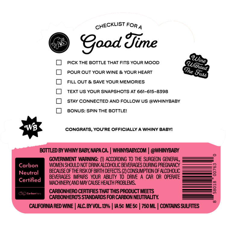 Whiny Baby Red Wine Obsessed California - 750ML - Back Label