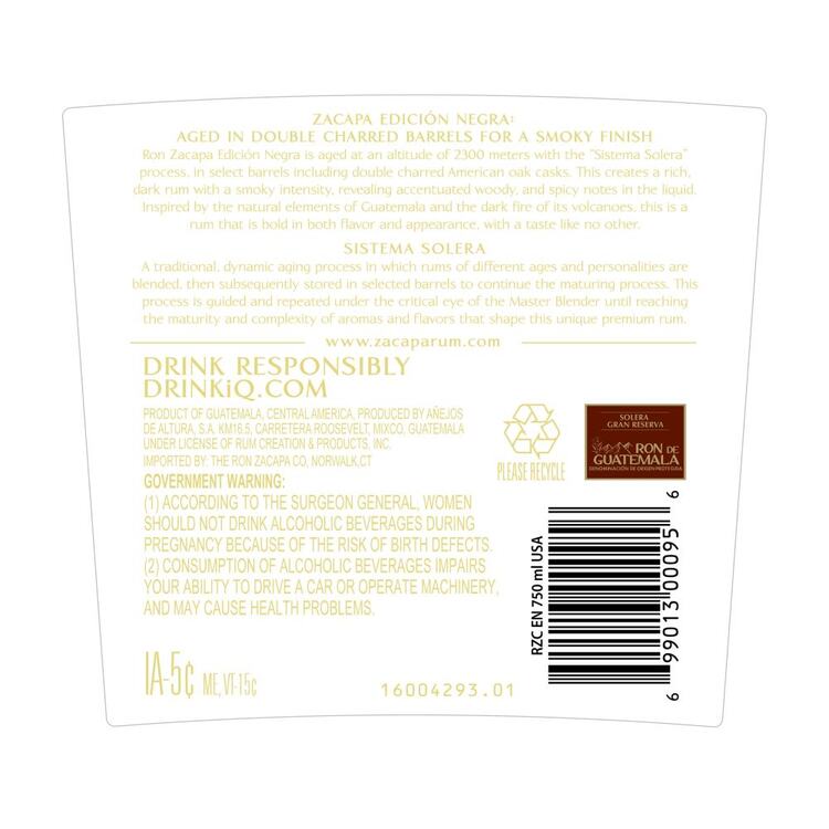 Ron Zacapa Aged Rum Centenario Edicion Negra Solera Gran Reserva 86 - 750ML - Back Label
