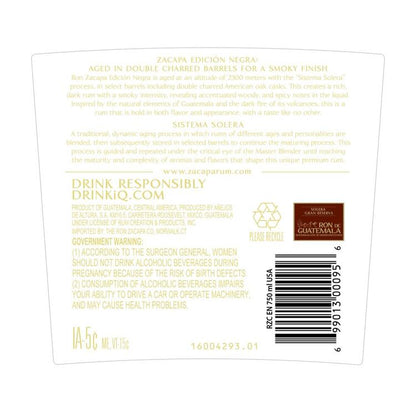 Ron Zacapa Aged Rum Centenario Edicion Negra Solera Gran Reserva 86 - 750ML - Back Label