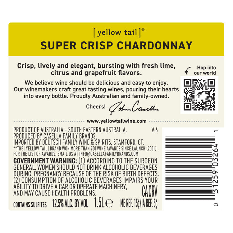 Yellow Tail Chardonnay Super Crisp Australia - 1.5L - Back Label