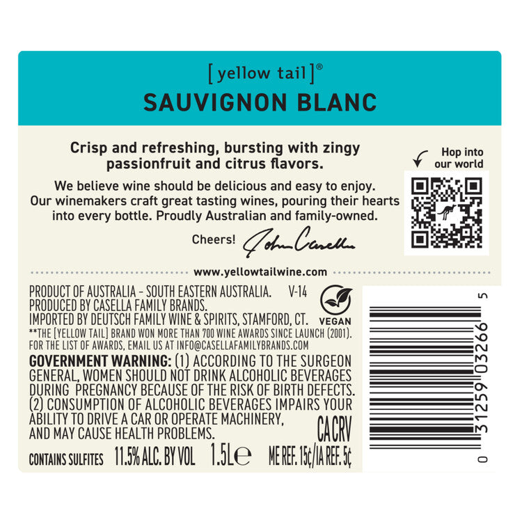 Yellow Tail Sauvignon Blanc South Eastern Australia - 1.5L - Back Label