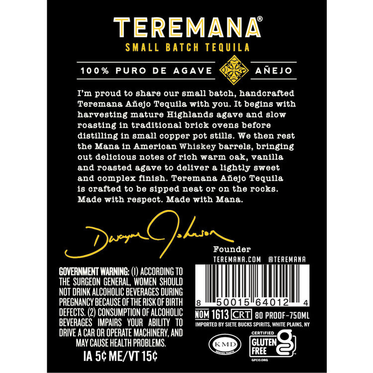 Teremana Tequila Anejo Small Batch 80 - 750ML - Back Label