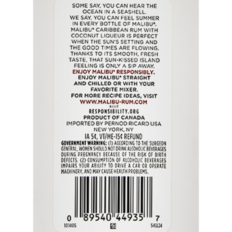 Malibu Coconut Flavored Rum Original 42 - 200ML - Back Label