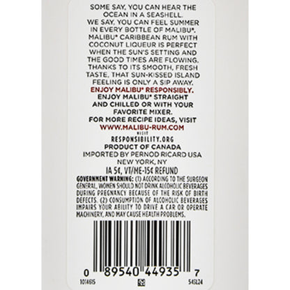 Malibu Coconut Flavored Rum Original 42 - 200ML - Back Label