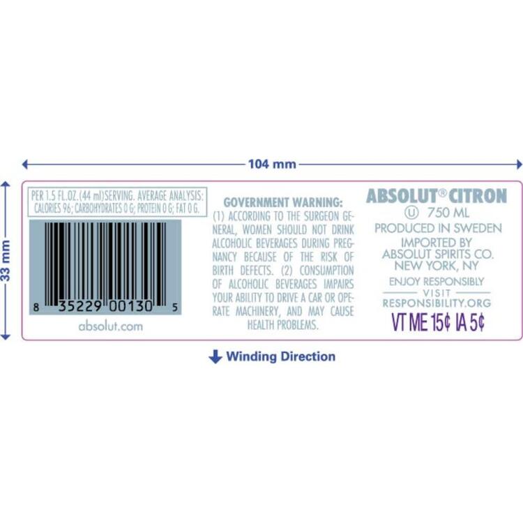 Absolut Lemon Flavored Vodka Citron 80 - 750ML - Back Label
