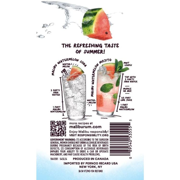 Malibu Watermelon Flavored Rum 42 - 750ML - Back Label