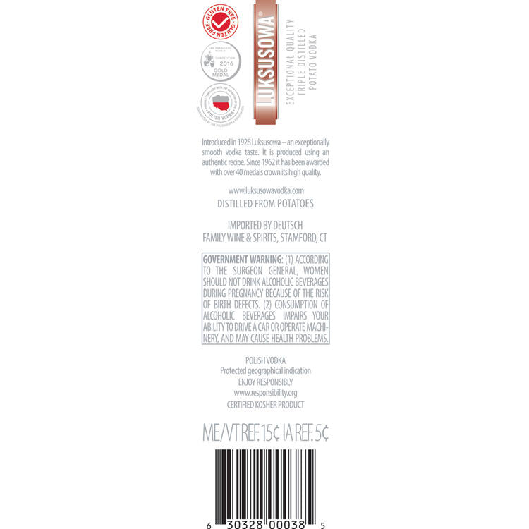 Luksusowa Vodka 80 - 1.0L - Back Label