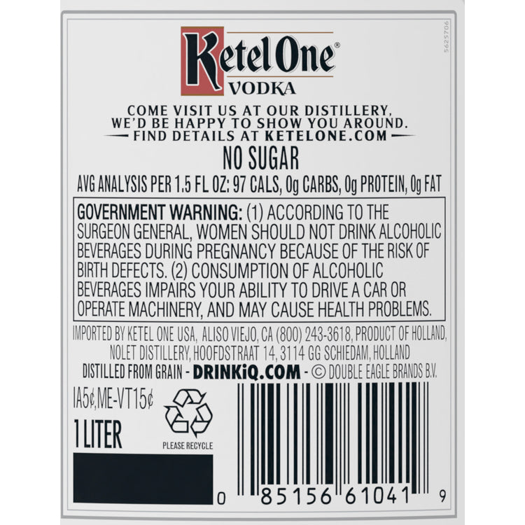 Ketel One Vodka 80 - 1.0L - Back Label