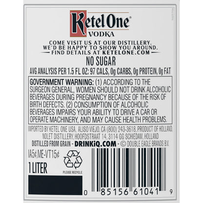 Ketel One Vodka 80 - 1.0L - Back Label