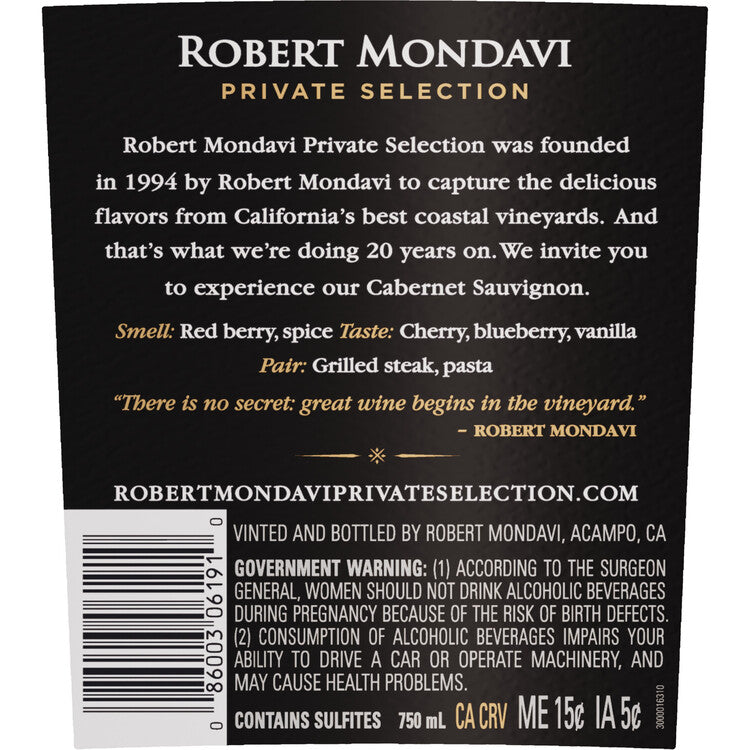 Robert Mondavi Private Selection Cabernet Sauvignon California - 750ML - Back Label