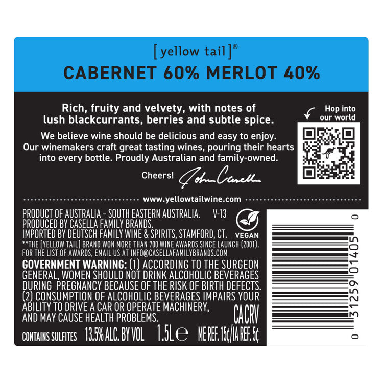 Yellow Tail Cabernet Sauvignon/Merlot South Eastern Australia - 1.5L - Back Label
