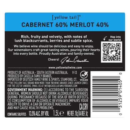 Yellow Tail Cabernet Sauvignon/Merlot South Eastern Australia - 1.5L - Back Label
