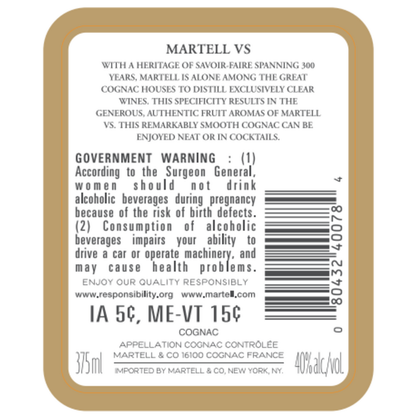Martell Cognac Vs 80 - 375ML - Back Label