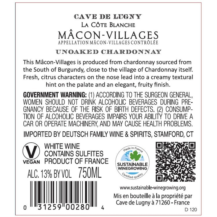 Cave De Lugny Macon Villages La Cote Blanche Unoaked 2023 - 750ML