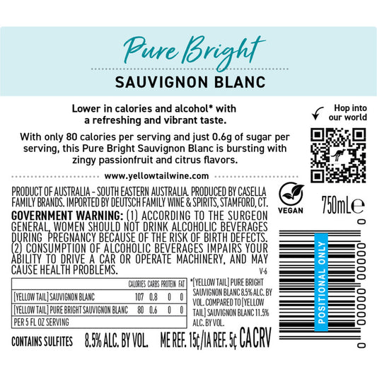 Yellow Tail Sauvignon Blanc Pure Bright Only 80 Calories South Austral - 750ML - Back Label