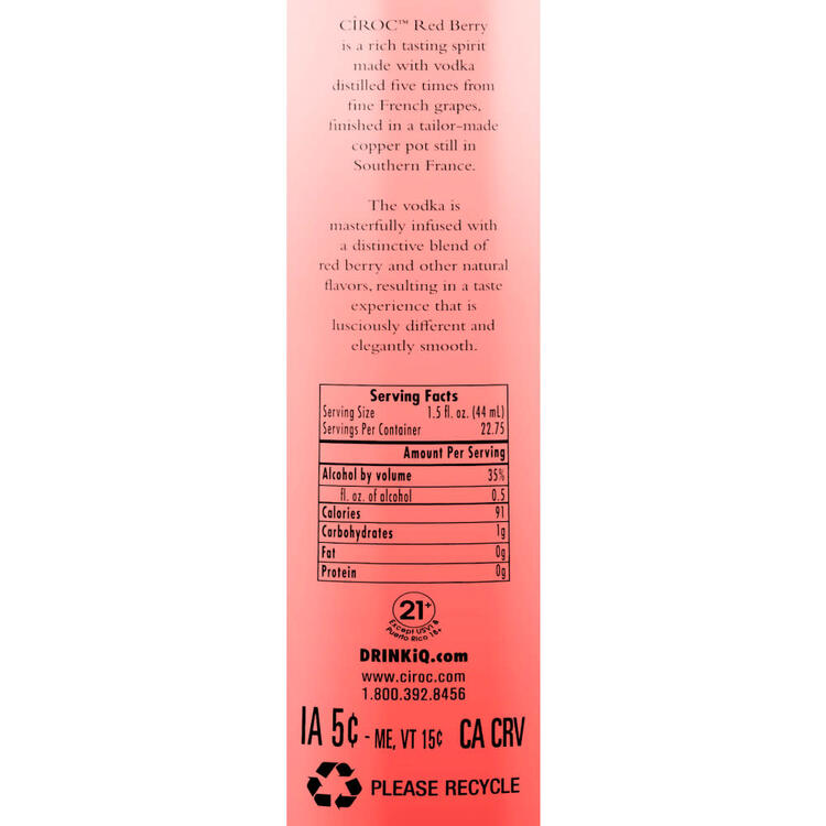 Ciroc Berry Flavored Vodka Red Berry 70 - 1.0L - Back Label