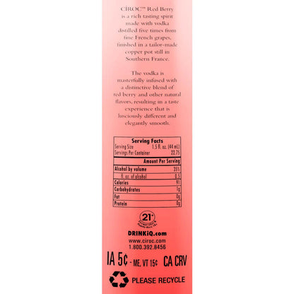 Ciroc Berry Flavored Vodka Red Berry 70 - 1.0L - Back Label