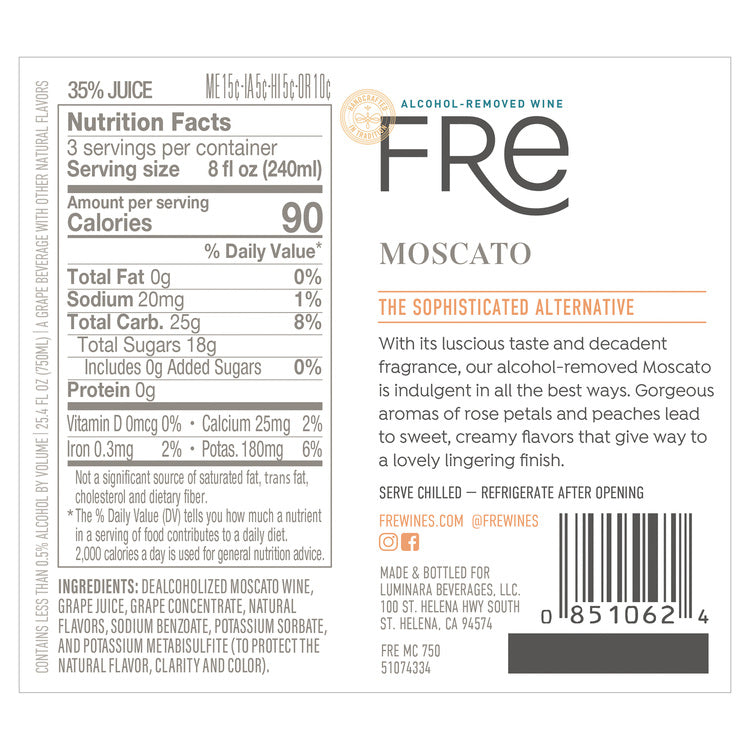 Fre Moscato Alcohol Removed - 750ML - Back Label