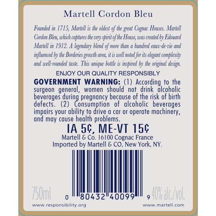 Martell Cognac Cordon Bleu Grand Classic 80 - 1.0L - Back Label