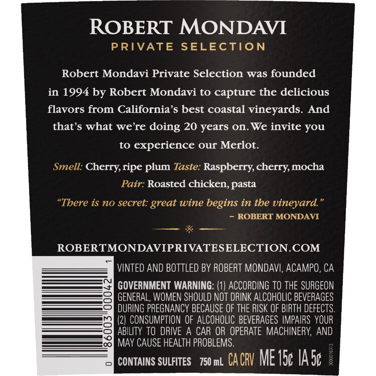 Robert Mondavi Private Selection Merlot California - 750ML - Back Label