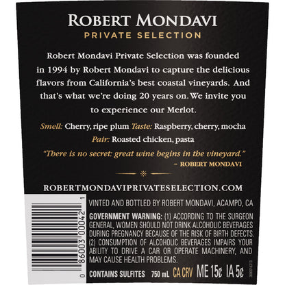 Robert Mondavi Private Selection Merlot California - 750ML - Back Label