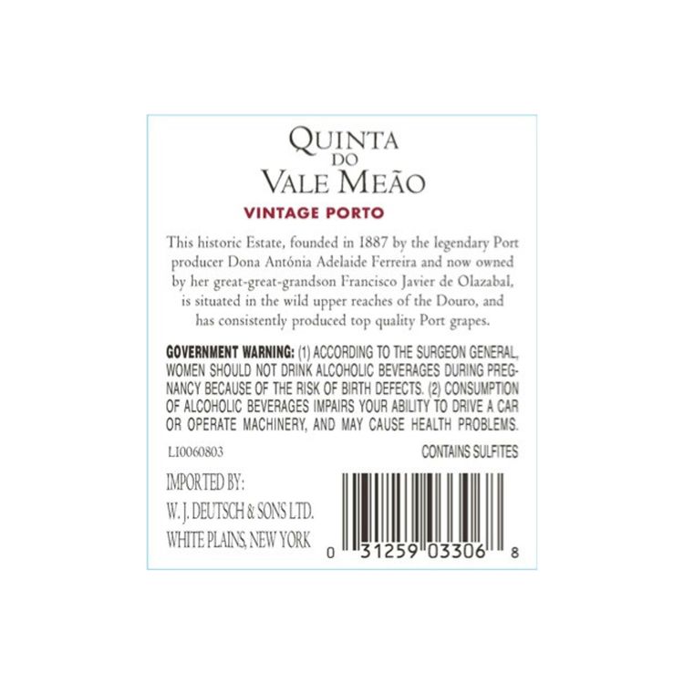 Quinta Do Vale Meao Porto Vintage 2015 Wood Box - 750ML - Back Label