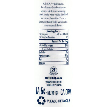 Ciroc Lemon Flavored Vodka Limonata 60 - 750ML - Back Label