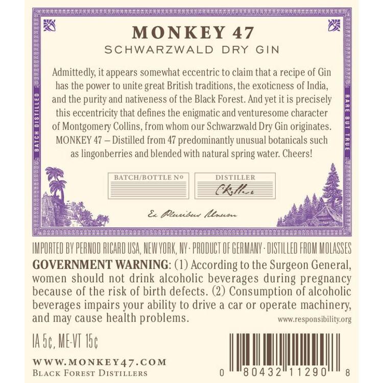 Monkey 47 Dry Gin Schwarzwald 94 - 375ML - Back Label