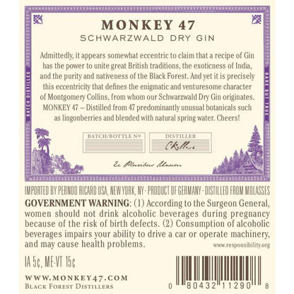 Monkey 47 Dry Gin Schwarzwald 94 - 375ML - Back Label