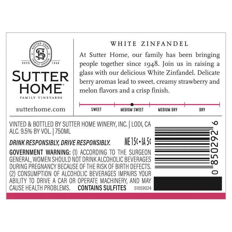 Sutter Home White Zinfandel California - 750ML - Back Label