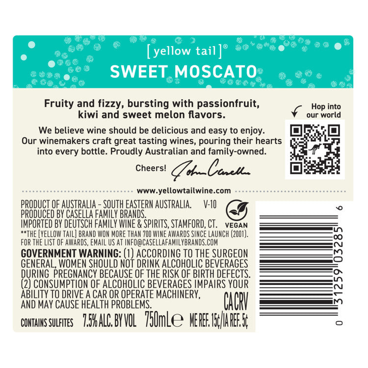 Yellow Tail Moscato South Eastern Australia - 750ML - Back Label