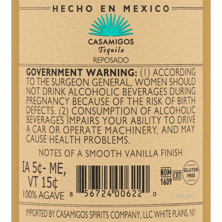 Casamigos Tequila Reposado 80 - 375ML - Back Label