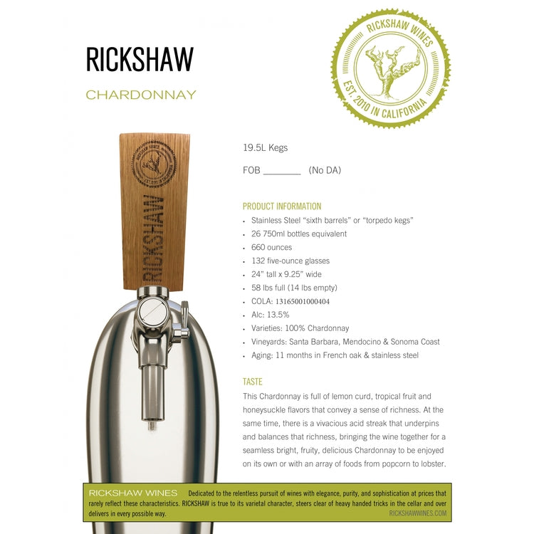 Rickshaw Chardonnay California - 19.5L - Front