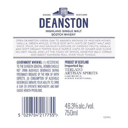 Deanston Single Malt Scotch Finished In Virgin Oak 92.6 W/ Whiskey Sto - 750ML - Back Label