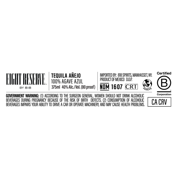 818 Eight Reserve Tequila Anejo 80 - 375ML - Front Label
