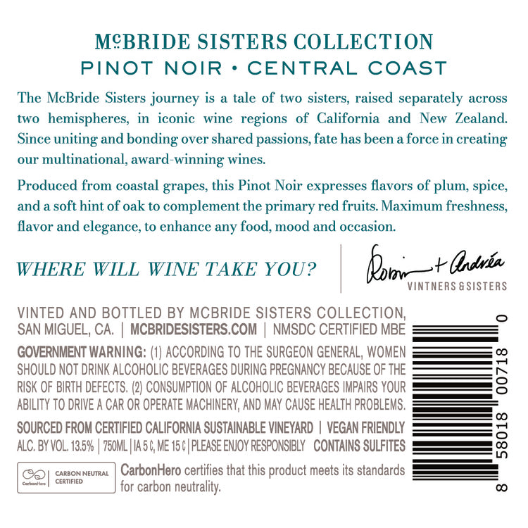 Mcbride Sisters Collection Pinot Noir Central Coast 2022 - 750ML - Back Label