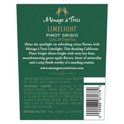 Menage A Trois Pinot Grigio Limelight California - 750ML - Back Label