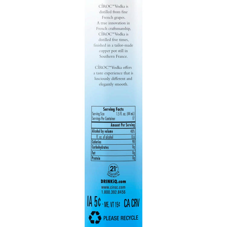 Ciroc Vodka Snap Frost 80 - 750ML - Back Label