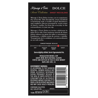 Menage A Trois Dolce Sweet Red Blend Sweet Collection California - 750ML - Back Label