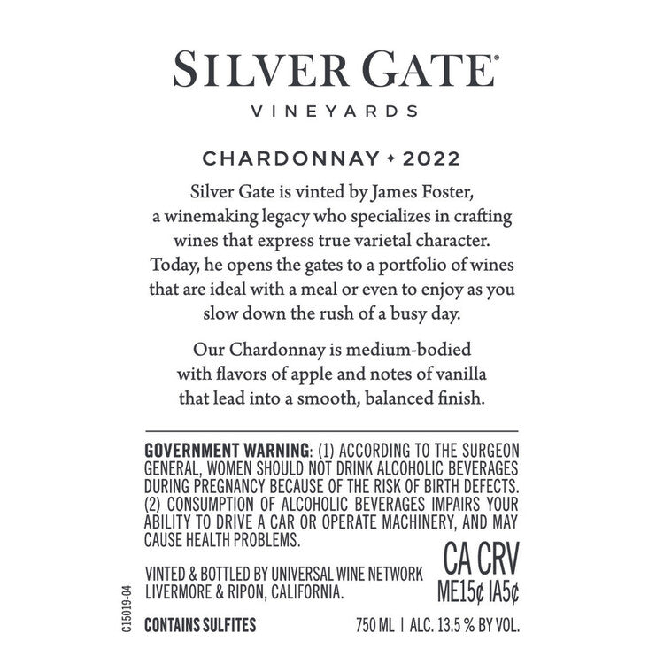 Silver Gate Vineyards Chardonnay California - 750ML - Back