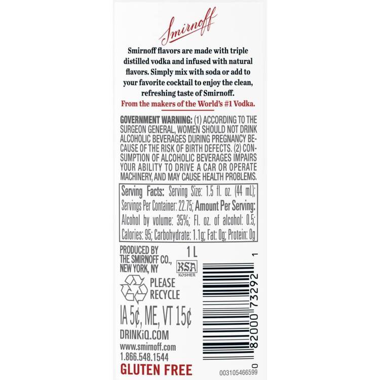 Smirnoff Blueberry Flavored Vodka 60 - 1.0L - Back Label
