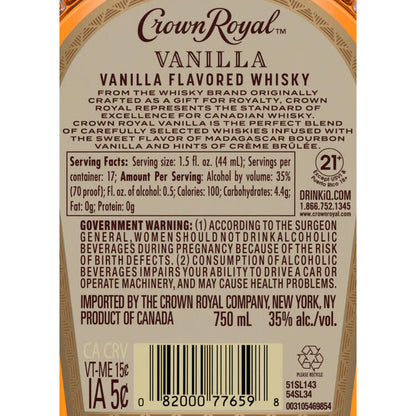 Crown Royal Vanilla Flavored Whiskey 70 - 750ML - Back Label
