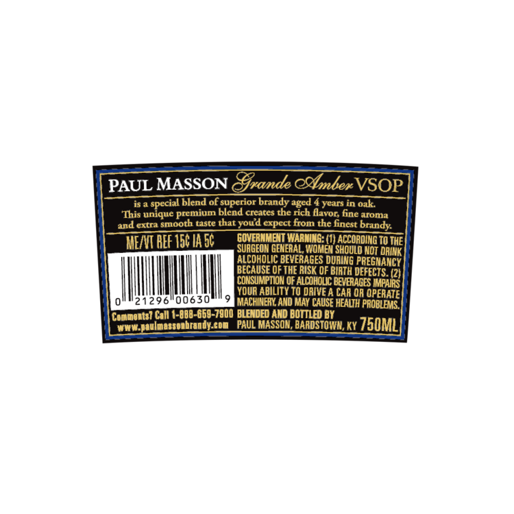 Paul Masson Brandy Grande Amber Vsop 4 Yr 80 - 750ML - Back Label